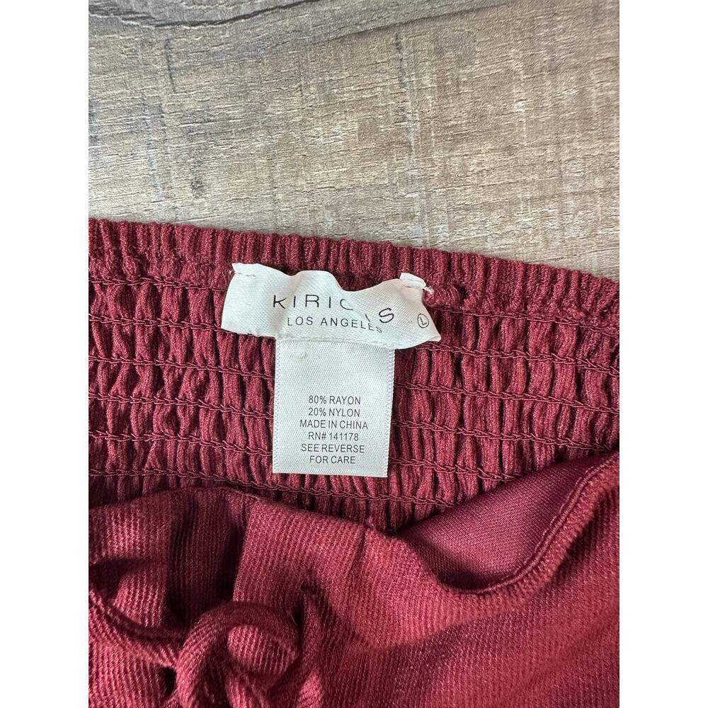 Kirious LA Burgundy Ribbed Lace-Up Crop Top Smocked Peasant Blouse Large - Picture 3 of 16